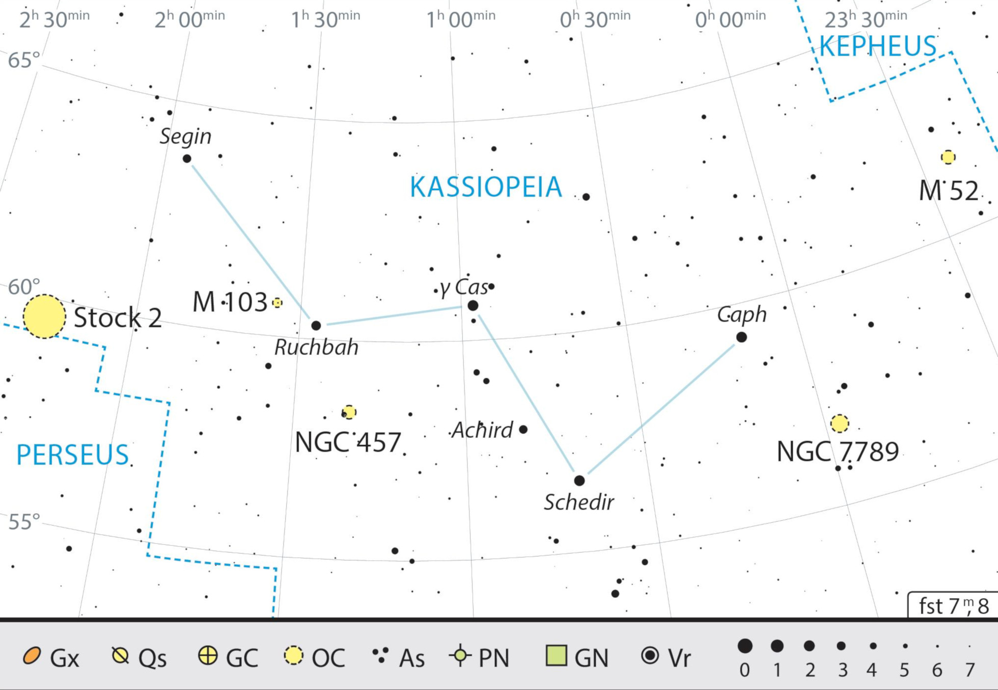 Mapa przeglądowa gwiazdozbioru Kasjopei z polecanymi celami obserwacyjnymi. J. Scholten