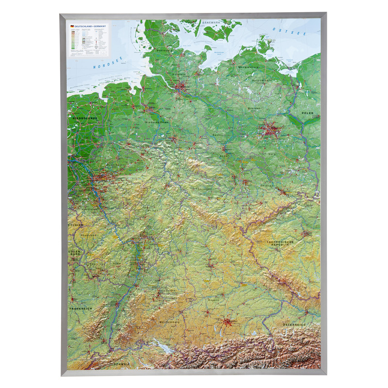 Georelief Deutschland klein, 3D Reliefkarte mit Kunststoffrahmen